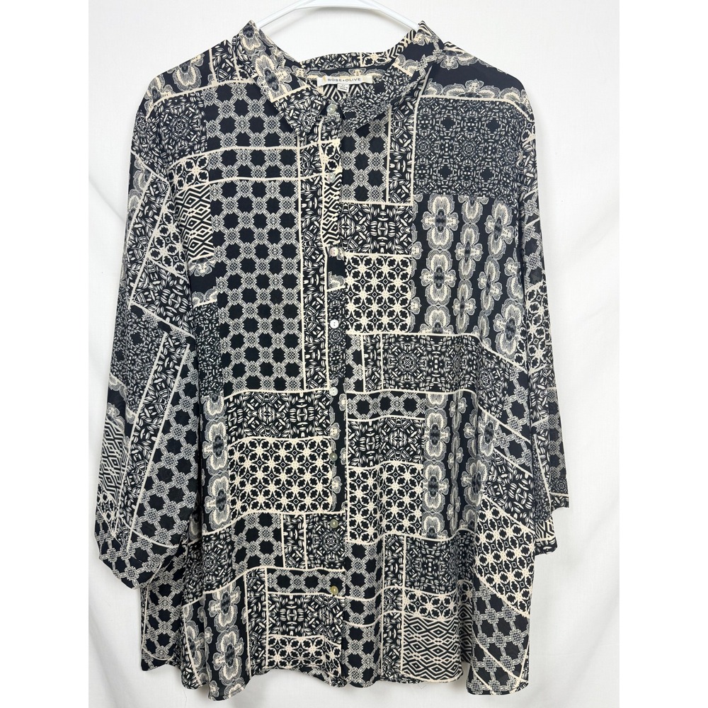 Rose + Olive Womens 3X Button Up Shirt Black Beige Patchwork Print Long Sleeve